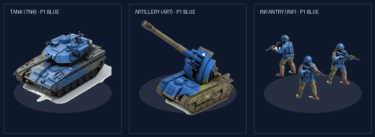 AI_WARS 3兵種（歩兵・砲兵・戦車）のシルエットとアイコン並列比較