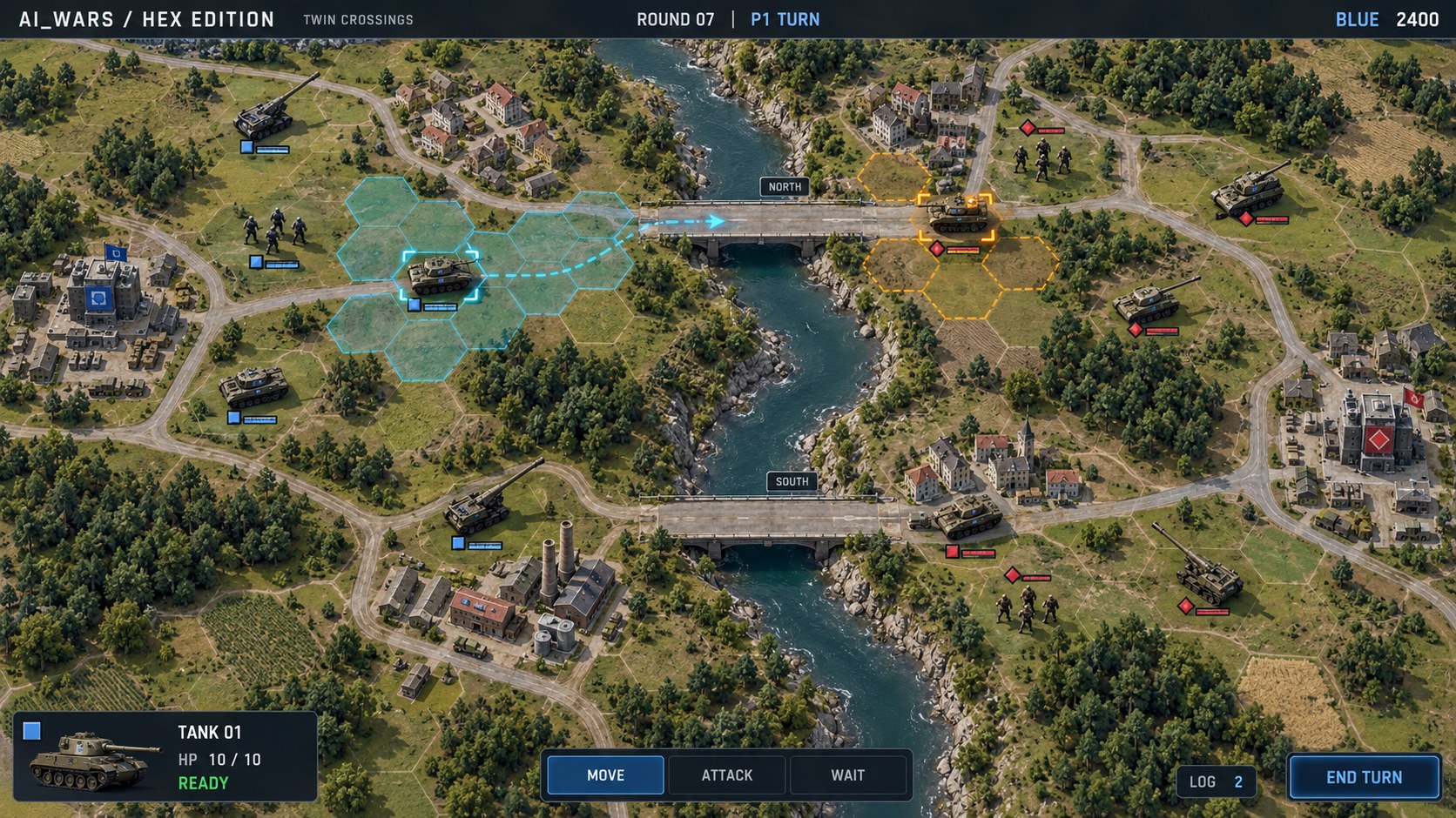 AI_WARS Hex Edition 開発中の戦場ビジュアルコンセプト（Twin Crossings Hex）